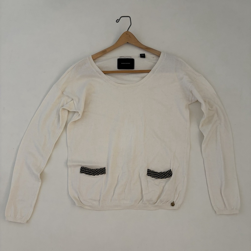 Maison Scotch Womens Long Sleeve Sweater Knit Sz 2 Ivory Beaded Feminine Saison